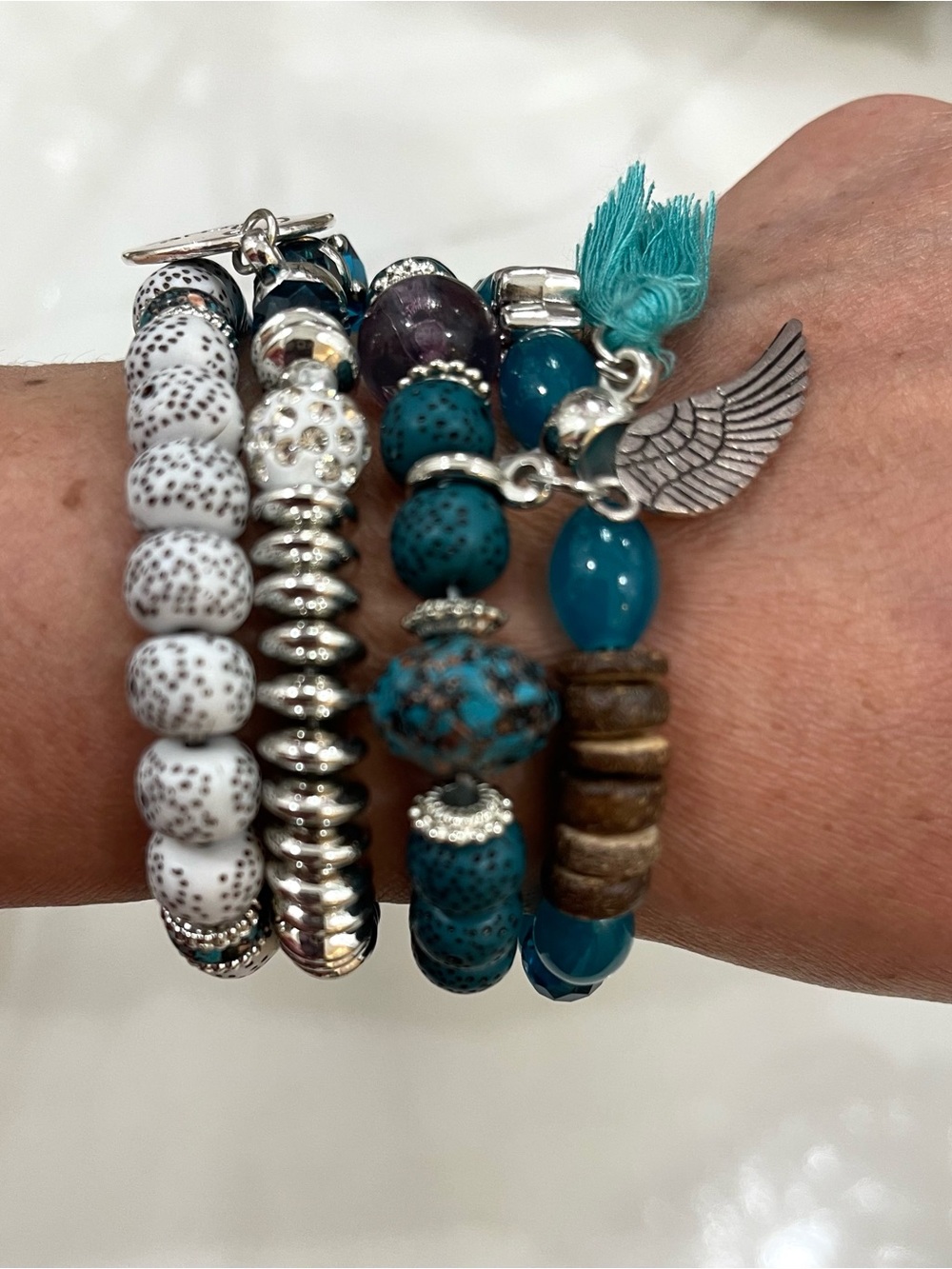 Teal and White Beaded Charm Bracelet Stack